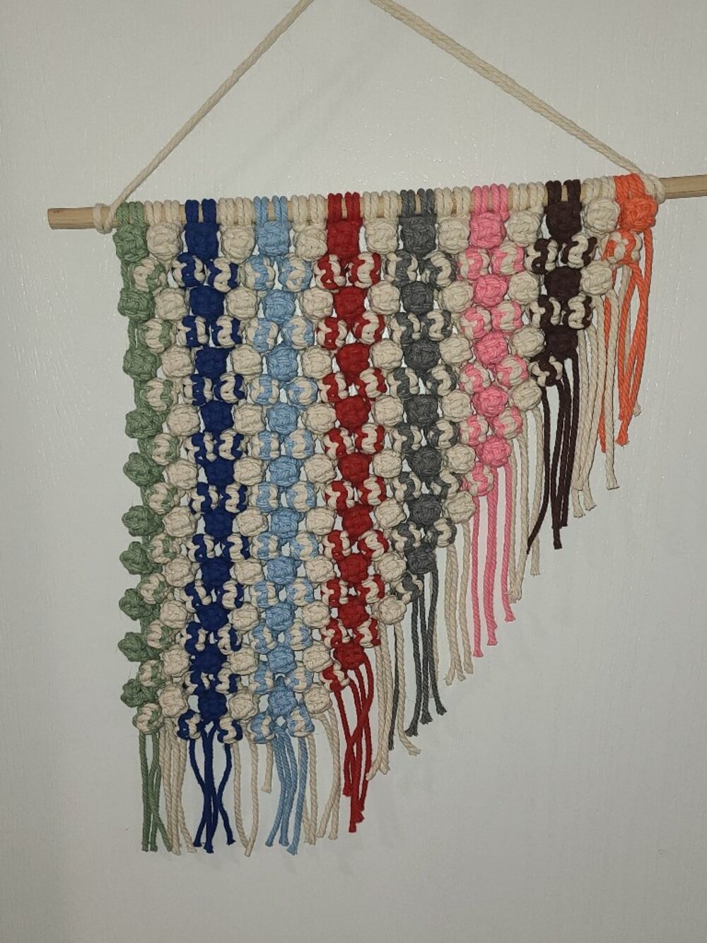 Handmade Macrame Cascading Balls Wall Hanging 12" Dowel Moss Green to Orange